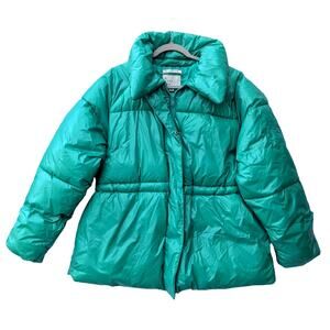 A New Day Wet Look Puffer Winter Coat Jacket Jade Small Green Zip Up Puffy Cinch